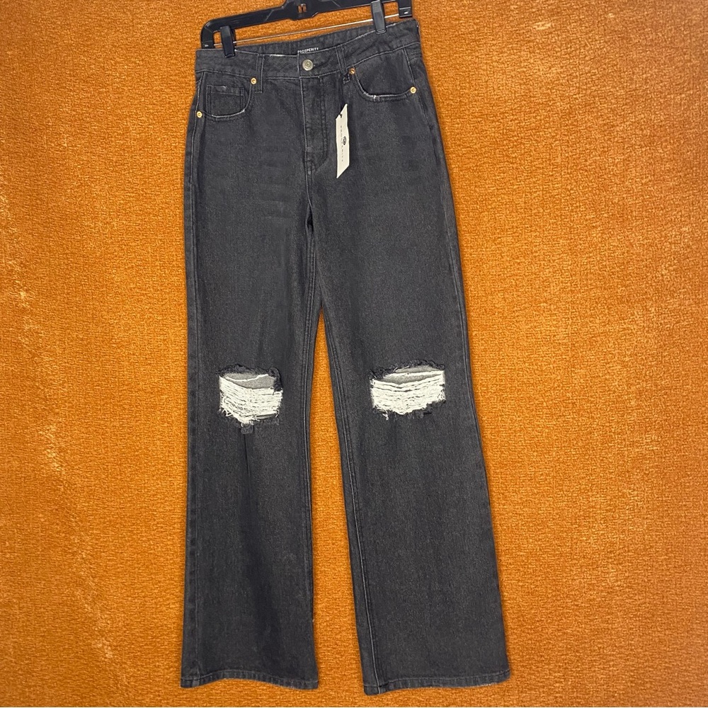 NWT Prosperity Denim Black Cotton Distressed Straight Leg Jeans, Size 27.